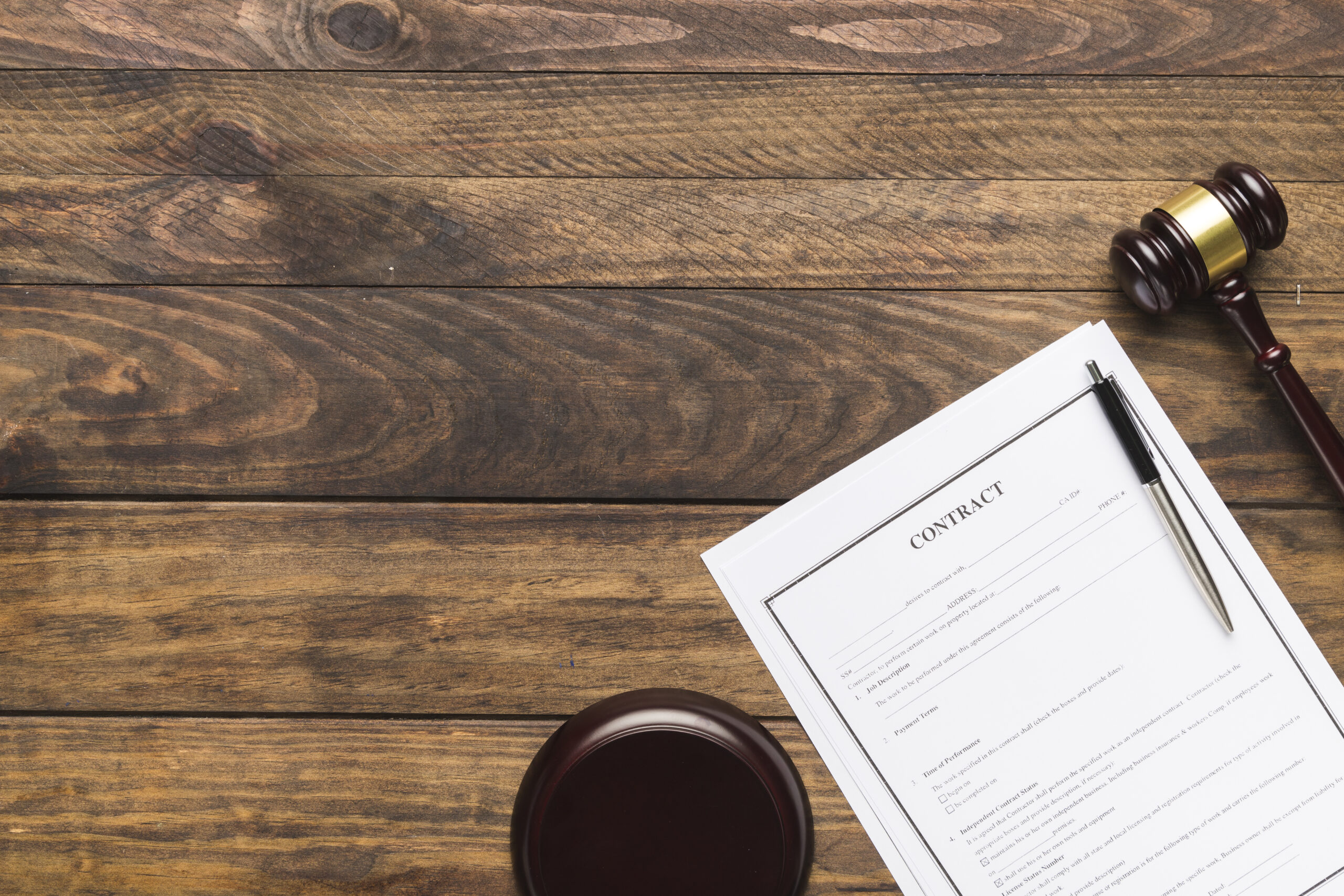 top view frame with contract wooden judge gavel scaled